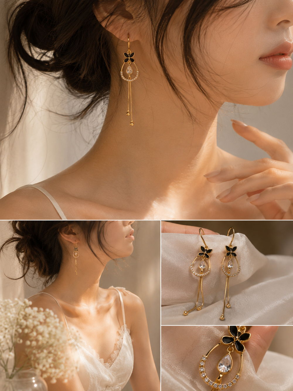 Black Butterfly Crystal Tassel Drop Earrings - model wearing