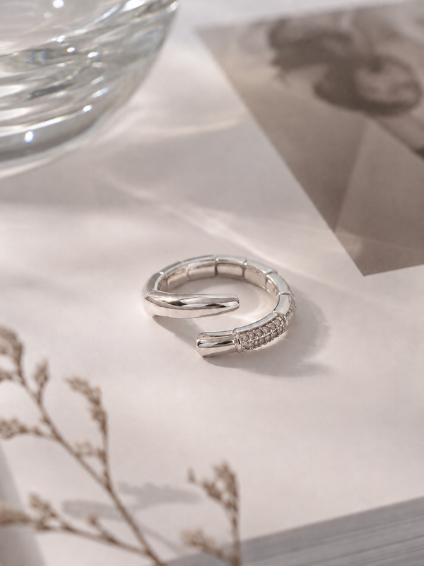 Silver Nail Ring with Pavé Crystals