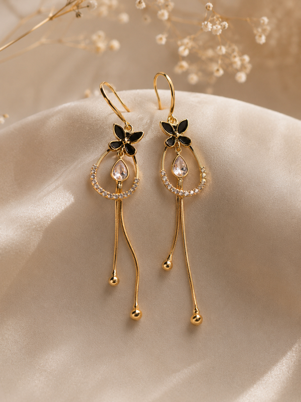 Black Butterfly Crystal Tassel Drop Earrings